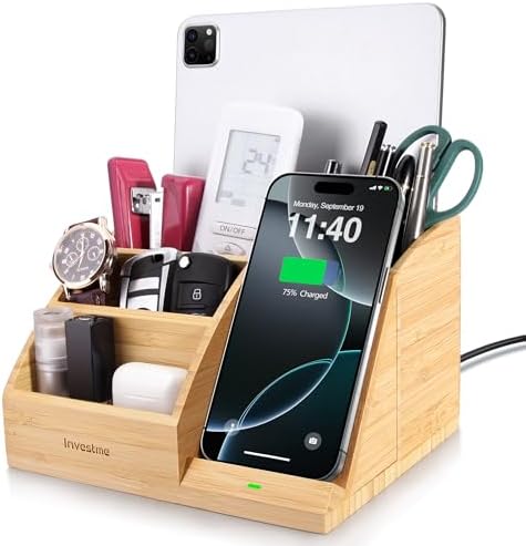 3-in-1 Bamboo Wireless Charger with Desk Organizer, Bamboo Pen Holder for Desk, 15W Fast Wireless Charger with Pen Holder for Home Office Supplies, Compatible with iPhone and Samsung – Enhanced Compatibility and Speed