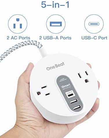 Compact Power Strip Surge Protector with USB-C Charging – 5 ft Flat Plug Extension Cord Featuring 2 AC Outlets & 3 USB Ports for Home, Office, and Travel – 490 J Surge Protection for Safe Device Charging and Efficient Organization