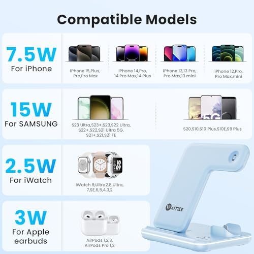 WAITIEE 3-in-1 Wireless Charging Station for i Phone, Apple Watch & Air Pods – Fast, Stylish Blue Charger with Enhanced Compatibility for i Phone 16, 15, 14, 13, 12, 11, X, 8 & Air Pods Pro – Ultimate Travel-Friendly Charging Solution with Safety Features