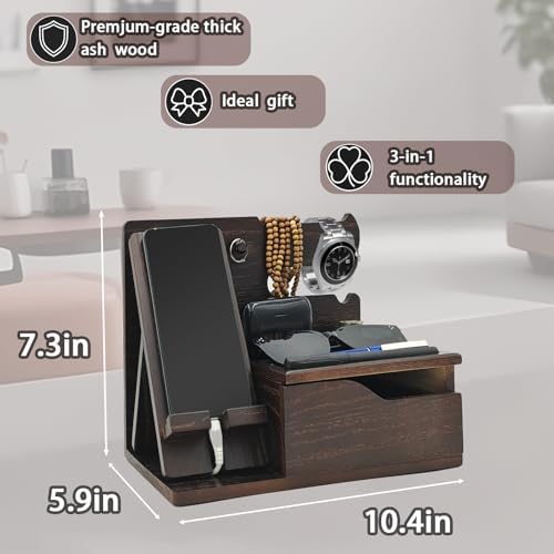 Sleek 3-in-1 Wood Phone Docking Station with Hidden Charging Hole & Drawer – Multifunctional Organizer for Phones, Keys, Glasses & Accessories, Ideal Men’s Desk Solution (Brown) – Premium Quality & Enhanced Compatibility
