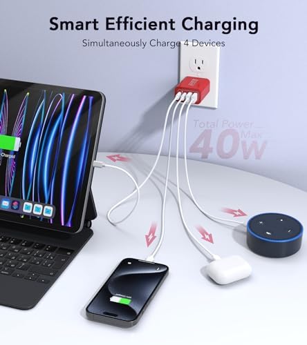 40 W USB C 4-Port Wall Charger 2-Pack – Ultra-Fast Charging Adapter for i Phone 16, i Pad Pro, Nintendo Switch & More – High-Speed PD & QC Technology for Multiple Devices – Compact & Stylish Red Design – Perfect for Travel and Daily Use