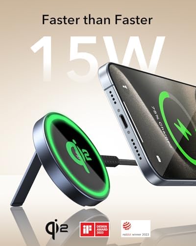 Power Up Your Devices Effortlessly with the ESR Mag Safe Wireless Charger – 15 W Fast Charging Pad with Kickstand for i Phone 15/14/13/12 and Air Pods, Qi2 Certified for Enhanced Compatibility, Includes Type-C Cable, Sleek Black Design for Modern Tech Integration