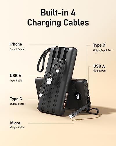 VEEKTOMX 10,000 m Ah Portable Power Bank with Integrated Charging Cables – Slim, Lightweight Fast Charger for i Phone, Samsung, and Android Devices – Essential Travel Companion with Intelligent Charging Technology for On-the-Go Convenience