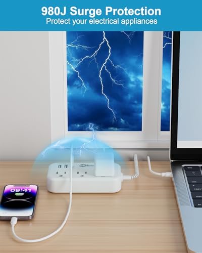 Compact Power Strip with USB-C and Dual USB-A Ports – 3 ft Extension Cord with 4 Outlets & 4.8 A Fast Charging Station for Laptops, Tablets, and Smartphones – Flat Plug Design Perfect for Tight Spaces and Travel – Versatile Multi-Device Charging Hub for Home and Office Use
