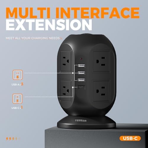 TESSAN Tower Surge Protector Power Strip – 10 ft Flat Extension Cord with 8 AC Outlets & 4 USB Ports (1 USB-C) – Compact Charging Station with Advanced Surge Protection for Home Office & Dorm Use – Optimal Device Safety & Versatile Compatibility