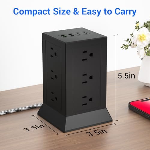 Ultimate Power Strip Tower with 12 AC Outlets & 4 USB Ports (2 USB-C) – 6.5 Ft Flat Plug Extension Cord Surge Protector for Home Office & Dorm Room – Individual Switches for Enhanced Control & Fast Charging, Space-Saving Design, Black