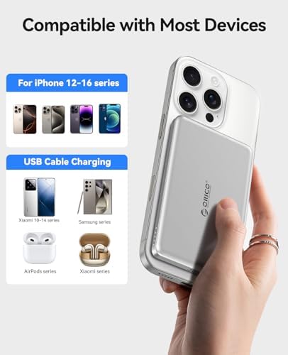 Ultra-Slim ORICO Kada Mag Safe 5000 m Ah Wireless Power Bank – Fast 20 W PD Charging with Type-C Cable – Essential Portable Charger for i Phone 12/13/14/15/16 Pro/Pro Max/Plus/Mini – Lightweight, Durable, and Magnetic Design for Effortless On-the-Go Power Solutions