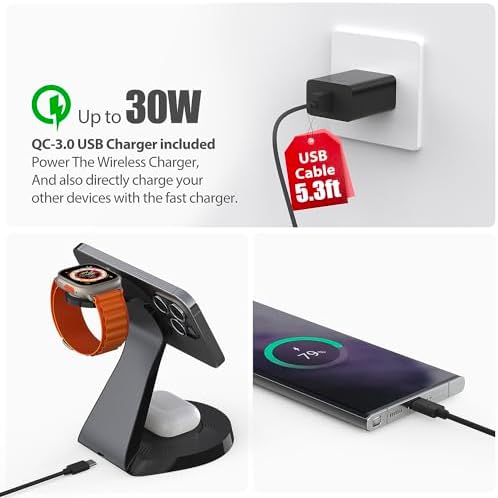 Ultimate 3-in-1 Mag Safe Charging Station for Apple Devices – Fast Wireless Charger for i Phone 16/15/14/13/12, Air Pods & Apple Watch with USB-C Compatibility – Sleek, Space-Saving Design for Home and Office Use