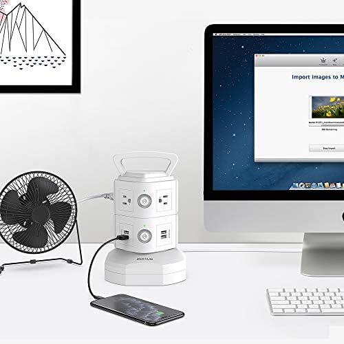 JACKYLED Power Strip Tower Surge Protector with 12 Outlets and 6 USB Ports (2 USB-C) – High-Speed Charging Station with 1050 Joules Protection, 1625 Watts, 6.5 ft Extension Cord for Enhanced Home Office Efficiency and Device Safety