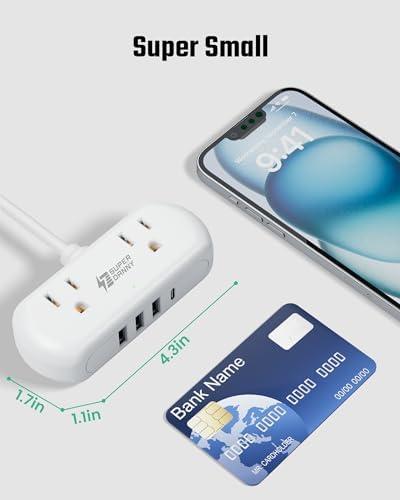 Compact USB Charging Station Power Strip – SUPERDANNY Mini Surge Protector with 2 Extra Wide Outlets, 4 USB Ports (3 USB-A & 1 USB-C), 5 Ft Cord, Flat Plug Design for Space-Saving Convenience, Ideal for Home, Office, and Travel Use – Enhanced Power Efficiency and Safety Features