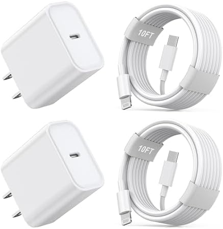 Apple MFi Certified 10 ft Lightning Charger Cable – Dual Pack Fast Charging Cords with USB Wall Adapters for i Phone 14/13/12/11 Pro Max/SE/i Pad – Ultimate Convenience & Speed for All Lightning Devices
