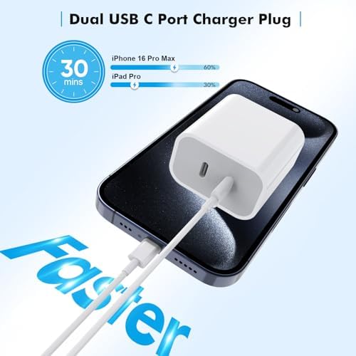 Dual USB-C Fast Charging Block for i Phone 16 | 2-Pack Adapter Set with USB-C Cables | Universal Compatibility for i Phone 15, i Pad Pro | Efficient PD Charging Solution for Home & Travel | Compact Design for On-the-Go Power Management
