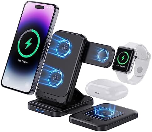 BEYIMEI 3 in 1 Wireless Charging Station: Fast, Multi-Device Power Hub for i Phone 15-8 Plus, Apple Watch Series 8-3, and Air Pods Pro 3 & 2 – Streamlined Convenience and Enhanced Compatibility for Effortless Charging