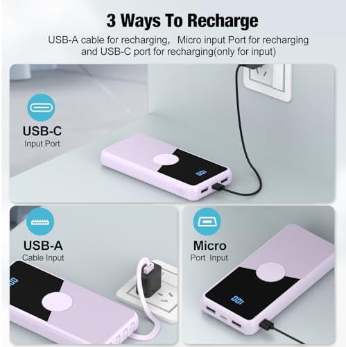 Ultimate Portable Charger with Built-in Cables – 10,000 m Ah High-Speed Power Bank for On-the-Go Charging – 5 Outputs & 3 Inputs – Sleek Purple Travel Battery Pack for i Phone, Samsung, i Pad, Tablets – Enhanced Durability & Convenience