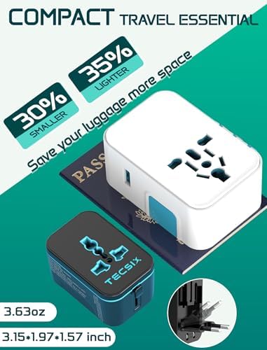 Global Travel Power Adapter with Dual USB-C & USB-A Ports – Compact 240 V AC Charger for International Use in EU, US, UK, AUS – Fast Charging Solution for Modern Travelers – Sleek, Lightweight Design (Black/Blue)