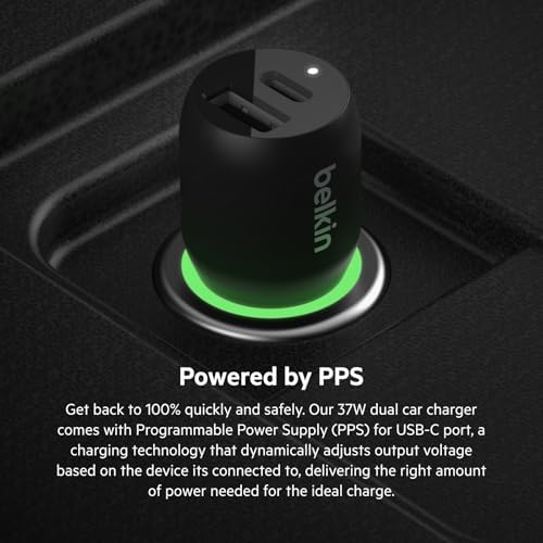 Belkin 37 W Dual USB Car Charger – Rapid Power Delivery 25 W USB-C & 12 W USB-A Ports for PPS Fast Charging – Universal Compatibility for Apple i Phone, Samsung Galaxy, Air Pods & More – Compact & Durable Design for On-the-Go Charging Efficiency