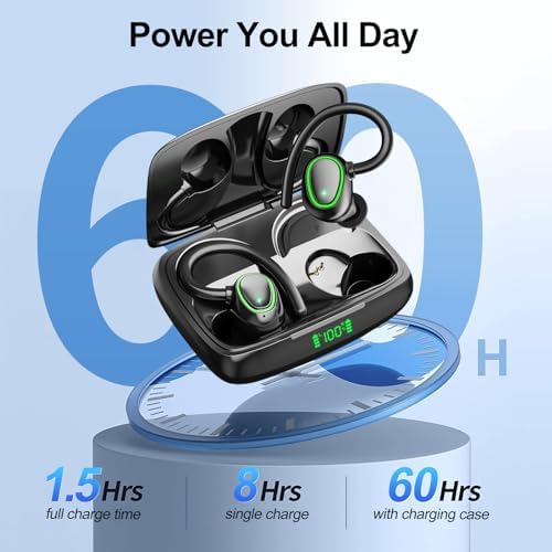 Premium Bluetooth Wireless Earbuds – 60-Hour Playback, IPX6 Waterproof for Ultimate Protection, Secure Over-Ear Hooks for Active Lifestyles, Enhanced Bass for Sports and Workouts, Built-in Microphone with LED Battery Indicator, Seamless Bluetooth Connectivity for All-Day Comfort and Performance