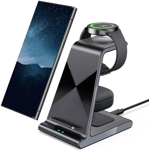 Ultra-Fast 3-in-1 Wireless Charging Dock for Samsung Galaxy Devices – Sleek Space-Saving Charger for Galaxy S25 Ultra, S24, S23, Note 20, Z Flip 6 & Fold 6 – Efficient Power Station for Galaxy Watch Ultra/7/6/5 & Galaxy Buds Pro with Overheat Protection and Modern Design for Home or Office