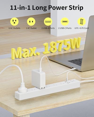Dual Pack Surge Protector Power Strip with 7 Outlets & 4 USB Ports (2 USB-C) – 6 Ft Flat Plug Extension Cord for Ultimate Device Charging Efficiency – 1875 W/15 A, 1700 Joules Protection, Wall-Mountable for Home, Office, & Dorm Spaces – Sleek Design for Space Optimization and Safety