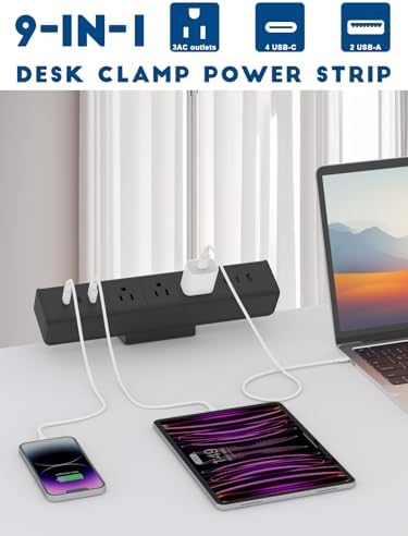 Ultimate Nightstand Charging Station with 4 Ultra-Fast USB-C Ports & 2 QC 3.0 USB-A Ports, 3 AC Outlets – Desk Edge Mount Power Strip with Advanced Surge Protection for Home Office & Bedroom (Sleek Black Finish) – Elevate Your Charging Efficiency and Style