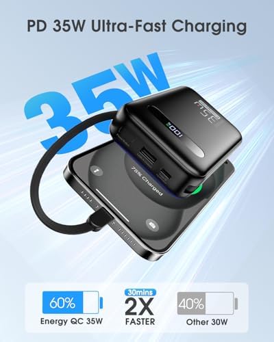 Ultimate 20,000 m Ah Energy QC Power Bank: 35 W PD 3.0 & QC 4.0 Ultra-Fast Charging Portable Charger with Dual Built-In Lightning & USB-C Cables for i Phone 16/15/14, Galaxy S24, i Pad, Air Pods – All-Day Power & 4-Device Charging with Smart LED Display for Travel & Emergencies