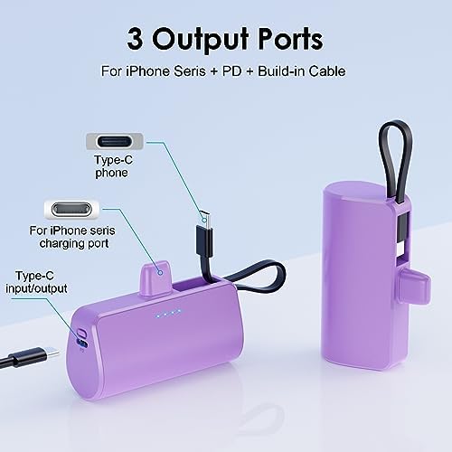 Dual Pack Mini Power Bank with Built-in USB C Cable – 5200 m Ah Fast Charging Battery for i Phone 15/14/13/12/11/XR/8/7/6 & Android Devices – Ultra-Portable Travel Charger for On-the-Go Power Needs