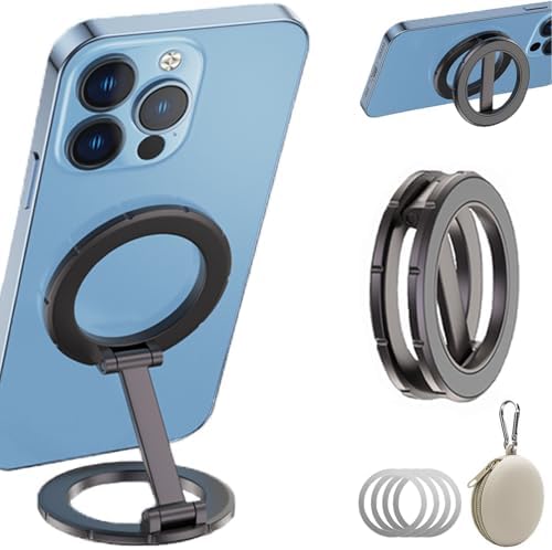 Maximize Your Mobile Efficiency with the Magsafe Double-Ring Magnetic Phone Holder Grip – Universal Compatibility for i Phone, i Pad, and Kindle, Ideal for Car, Gym, Kitchen, and Office Use, Complete with Silicone Storage Bag and Four Versatile Metal Rings – Durable Black Finish for Everyday Convenience