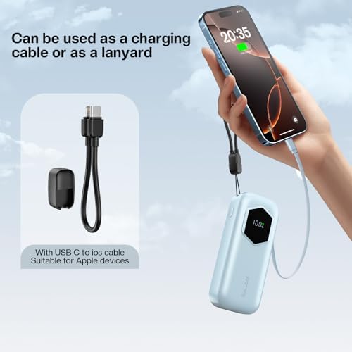 Ultra-Fast 2025 Portable Power Bank 10000 m Ah with Integrated Retractable PD Cable – 35 W Quick Charge Solution for i Phone, Samsung, Android, i Pad & Mac Book – Dual Device Charging Capability & Intelligent LED Power Indicator (Chic Blue)