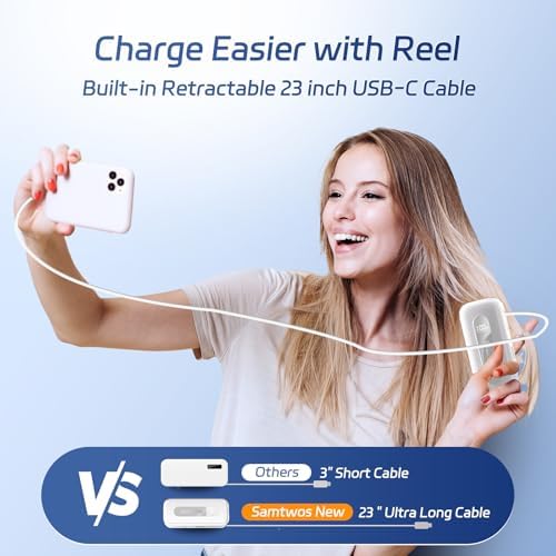 Compact 10,000 m Ah Power Bank with Retractable USB-C Cable – 30 W Fast Charging Portable Charger for i Phone 15/16, Galaxy, and i Pad – Smart LED Display for Travel Convenience and Enhanced Compatibility