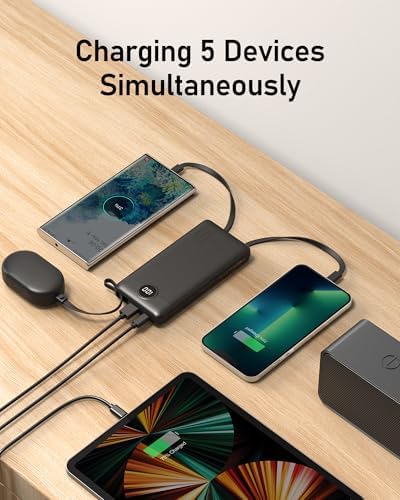 VEEKTOMX 10,000 m Ah Portable Power Bank with Integrated Charging Cables – Slim, Lightweight Fast Charger for i Phone, Samsung, and Android Devices – Essential Travel Companion with Intelligent Charging Technology for On-the-Go Convenience