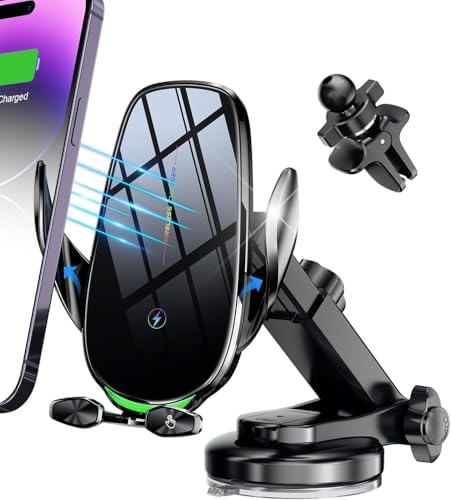 15 W Fast Wireless Car Charger with Auto-Clamping Technology – Ultimate Qi-Compatible Charging Mount for i Phone 15, 14, 13, 12, 11 Pro Max, Samsung Galaxy S23, S22, S21, S20, S10+, S9+, Note 9 – Secure and Convenient Power Delivery for All Road Trips
