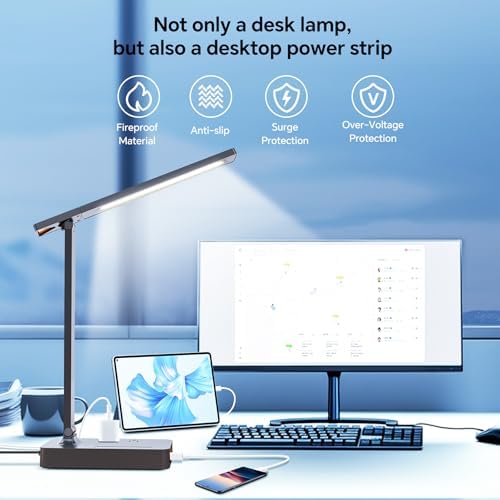 Versatile Power Strip Lamp with USB Charging: 2 AC Outlets, 1 USB-A & 1 Type-C Port, Adjustable Brightness Desk Lamp for Home Office & Dorm Room, 5 ft Extension Cord with Surge Protection for Ultimate Device Safety