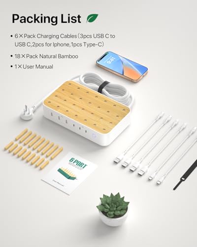 Eco-Friendly Bamboo USB-C Charging Hub – 60 W 6-Port Multi-Device Dock with 3 AC Outlets, 3 USB-C, 3 USB-A Ports, 6 Mixed Cables Included, 6.6 ft Power Cord for i Phones, i Pads & Tablets – Fast, Efficient Charging Solution with Elegant Design