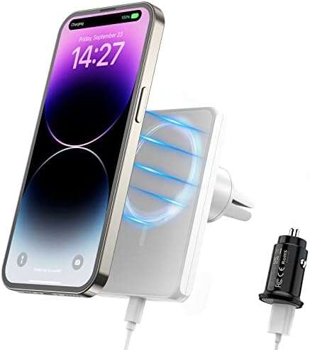 Magnetic Wireless Car Charger by Joy Geek – Fast 18 W Charging for i Phone 14/13/12 Series | Mag-Safe Compatible Air Vent Mount | Elegant Snowy White Design for Ultimate Convenience and Stability on the Road