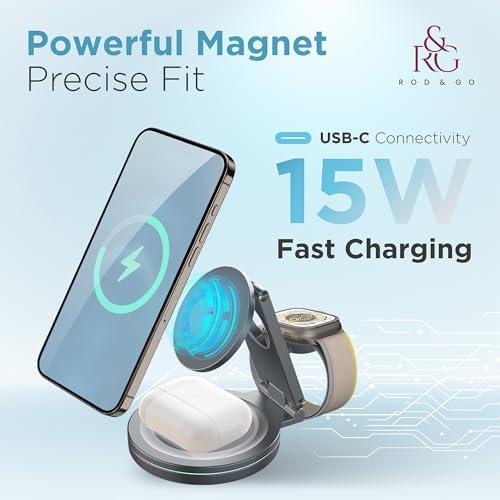 Revolutionize Your Charging Experience with the Rod & Go 3-in-1 Magnetic Wireless Charger – Compact Foldable Dock for i Phone, Apple Watch, and Air Pods – Fast, Mag Safe-Compatible Power Station for On-the-Go Convenience and Enhanced Device Compatibility