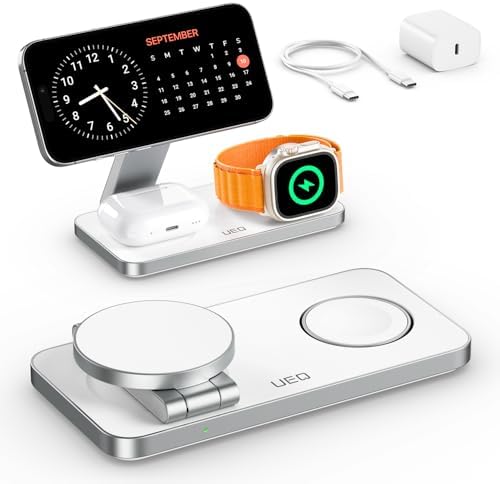 Revolutionary 3-in-1 Magnetic Wireless Charging Station – High-Speed Mag Safe Charger for i Phone 16/15/14/13/12, Apple Watch Ultra/SE/10/9/8/7/6/5/4, and Air Pods Pro/4/3/2 (White/Silver) – Optimal Compatibility and Space-Saving Design for On-the-Go Charging Solutions. Experience lightning-fast 15 W charging with seamless Mag Safe alignment for your Apple devices, ensuring simultaneous charging for your i Phone, Apple Watch, and Air Pods. This advanced charging station features multi-intelligent protection with over-voltage, over-current, and temperature control to maintain battery health and prevent overheating. Its foldable and adjustable design provides convenience and portability, making it the ideal travel accessory. Included are a 20 W USB-C PD charger and a 3 ft USB-C cable for enhanced usability. Upgrade your charging experience with this sleek, efficient solution that embodies both functionality and style. Perfect for tech-savvy users seeking reliability and efficiency in one compact unit.