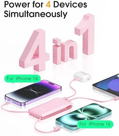 Ultra-Slim 10,000 m Ah TG90° Portable Power Bank with Built-in Lightning and USB-C Cables – Fast Charging, Lightweight Battery Backup for i Phone and Android Devices – Essential On-the-Go Charger for Busy Lifestyles