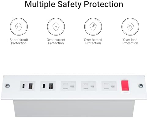 Recessed Power Strip with 15 W Wireless Charging & PD20 W USB-C Fast Charge – Sleek Flush Mount Design for Nightstands, Sofas, and Tables – Maximize Space and Efficiency with Dual Outlets and USB Ports for Ultimate Convenience