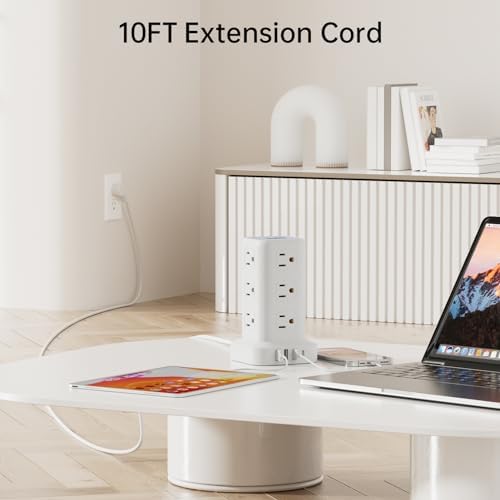 Elevate Your Charging Efficiency with the 12-Outlet Tower Surge Protector Power Strip – 6.5 Feet Extension Cord, 4 USB Ports Including USB-C, Compact Charging Station for Office and Home, Enhanced Surge Protection for Ultimate Device Safety