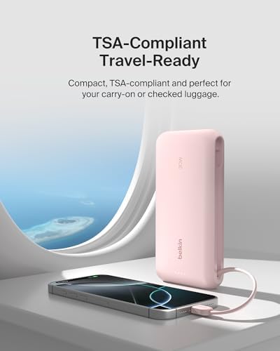 Belkin 10,000 m Ah Portable Charger – Fast Charge Power Bank with Integrated Cable for i Phone 16, i Pad Pro, Galaxy S25 – 20 W USB-C Power Delivery – Lightweight Pink Design for Ultimate Portability and Versatile Compatibility