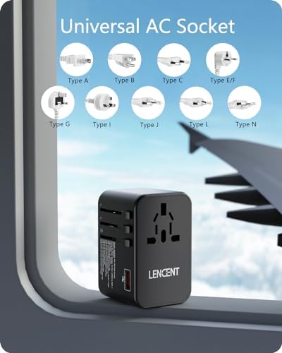 LENCENT 70 W Universal Travel Adapter – High-Efficiency Ga N Fast Charger with Triple PD3.0 Type-C Ports & Dual QC USB-A Outlets for Global Power Needs – Compact Power Converter Compatible with EU, USA, UK, AU Devices – Perfect for Laptops, Phones & Tablets on the Go