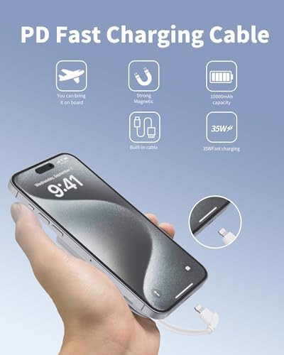 Compact 35 W Magnetic Wireless Power Bank for i Phone 16/15/14/13/12/Pro/Mini/Pro Max – 10,000 m Ah Portable Charger with Built-In Fast Charging Cable & USB-C Port – Ultimate Travel Companion for Rapid Power On-The-Go
