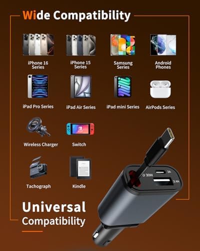 Ultimate 3-in-1 Retractable Car Charger – 50 W Fast Charging Solution with Type C Cable & USB Port for i Phone 16/15/14/13/12/11, Galaxy & Pixel Devices – Tangle-Free Convenience for On-the-Go Power Management