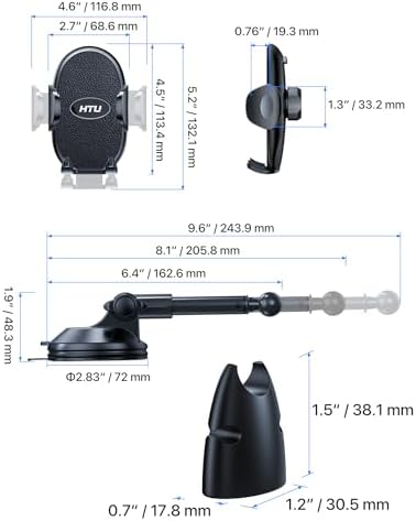 HTU Military-Grade Suction Car Phone Holder 2025 – Versatile Telescopic Arm Smartphone Mount for Dashboard & Windshield – Compatible with i Phone 16 Pro Max, 15, 14, 13, 12 & Samsung – Enhanced Stability for Trucks & Jeeps – Sleek Black Finish for Modern Interiors