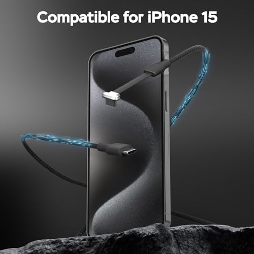 10 ft USB C to USB C Charging Cable – 60 W Fast Charge with Right-Angle Connector for Enhanced Durability and Comfort – Compatible with Steam Deck, ROG Ally, i Phone 16/15 Pro Max, Samsung S23/S22/S21, Mac Book – Tangle-Free Flat Design for Effortless Storage and Use
