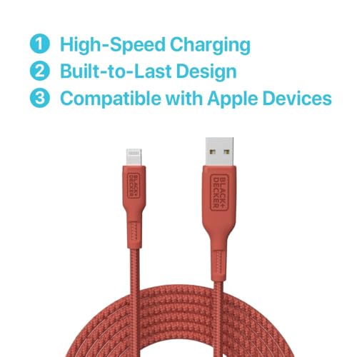BLACK+DECKER Lightning to USB Charging Cable – Ultra-Fast Charge & Data Sync for All Apple Devices – Durable Braided Construction, Lightweight & Travel-Ready – Versatile Lengths & Color Options, Including Convenient 3 ft Length