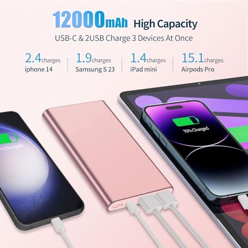 High-Capacity 12000 m Ah Portable Power Bank – Fast Charging USB-C Battery Pack for i Phone 15/14/13/12/11 Pro Max, i Pad, Samsung & Android – Stylish E-Mint & Pink Design with 3 A Quick Charge Technology for On-the-Go Convenience