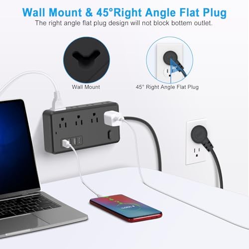 FUAUFAS 10 FT Surge Protector Power Strip with 8 AC Outlets and 3 USB Ports (1 USB-C) – Ultimate Power Access for College Dorms and Travel, Featuring Flat Plug Design for Space-Saving Convenience and Advanced Device Protection
