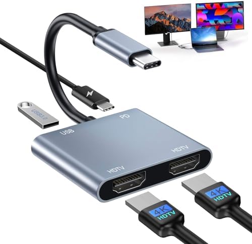 Elevate Your Productivity with the USB C to Dual HDMI Adapter – 4 K@60 Hz Type C Splitter for Effortless Dual Display, 100 W Fast Charging & USB 3.0 Hub – Ideal for Mac Book, Dell, Lenovo & More! Maximize Your Workspace Efficiency with Stunning Visuals and Simplified Plug-and-Play Setup!