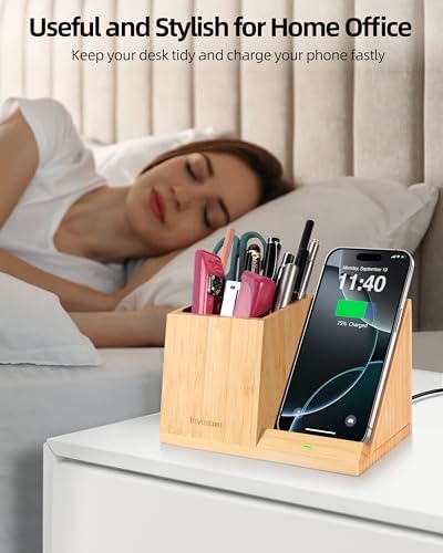3-in-1 Bamboo Wireless Charger with Desk Organizer, Bamboo Pen Holder for Desk, 15W Fast Wireless Charger with Pen Holder for Home Office Supplies, Compatible with iPhone and Samsung – Enhanced Compatibility and Speed